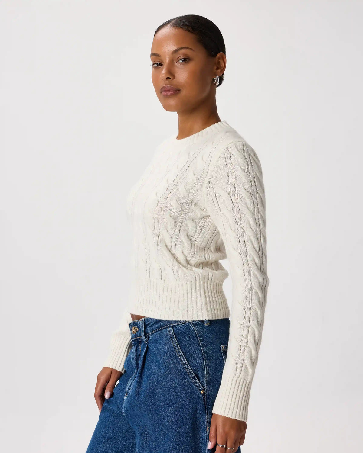 Mongolian Cashmere Shrunken Cable Crewneck Sweater