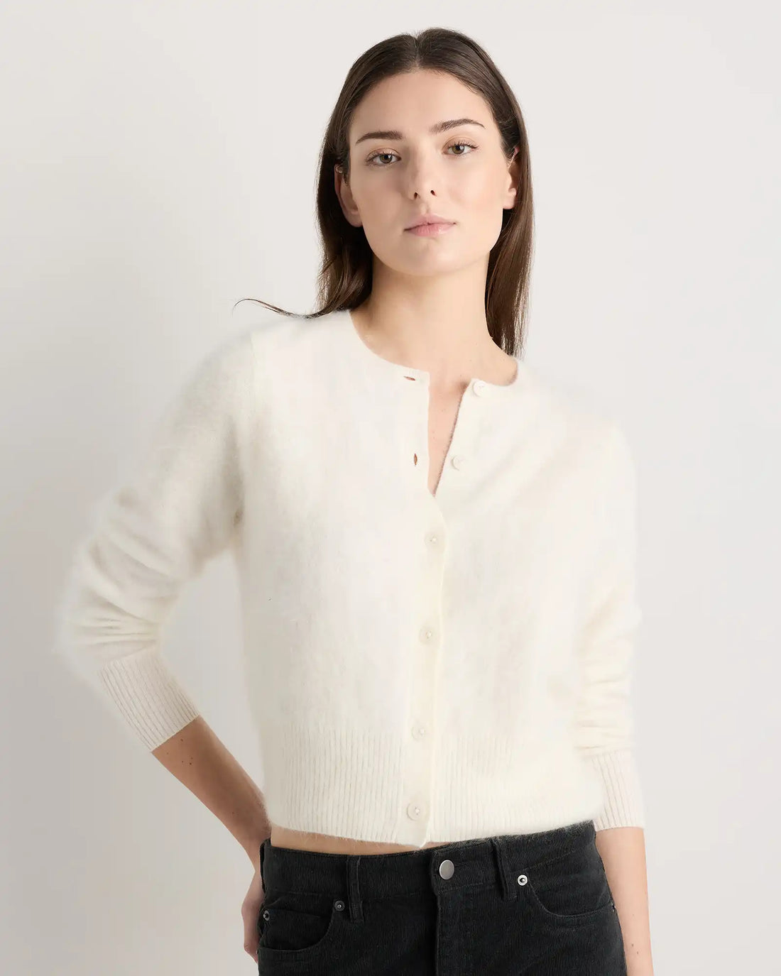 Brushed Cashmere Cropped Crewneck Cardigan