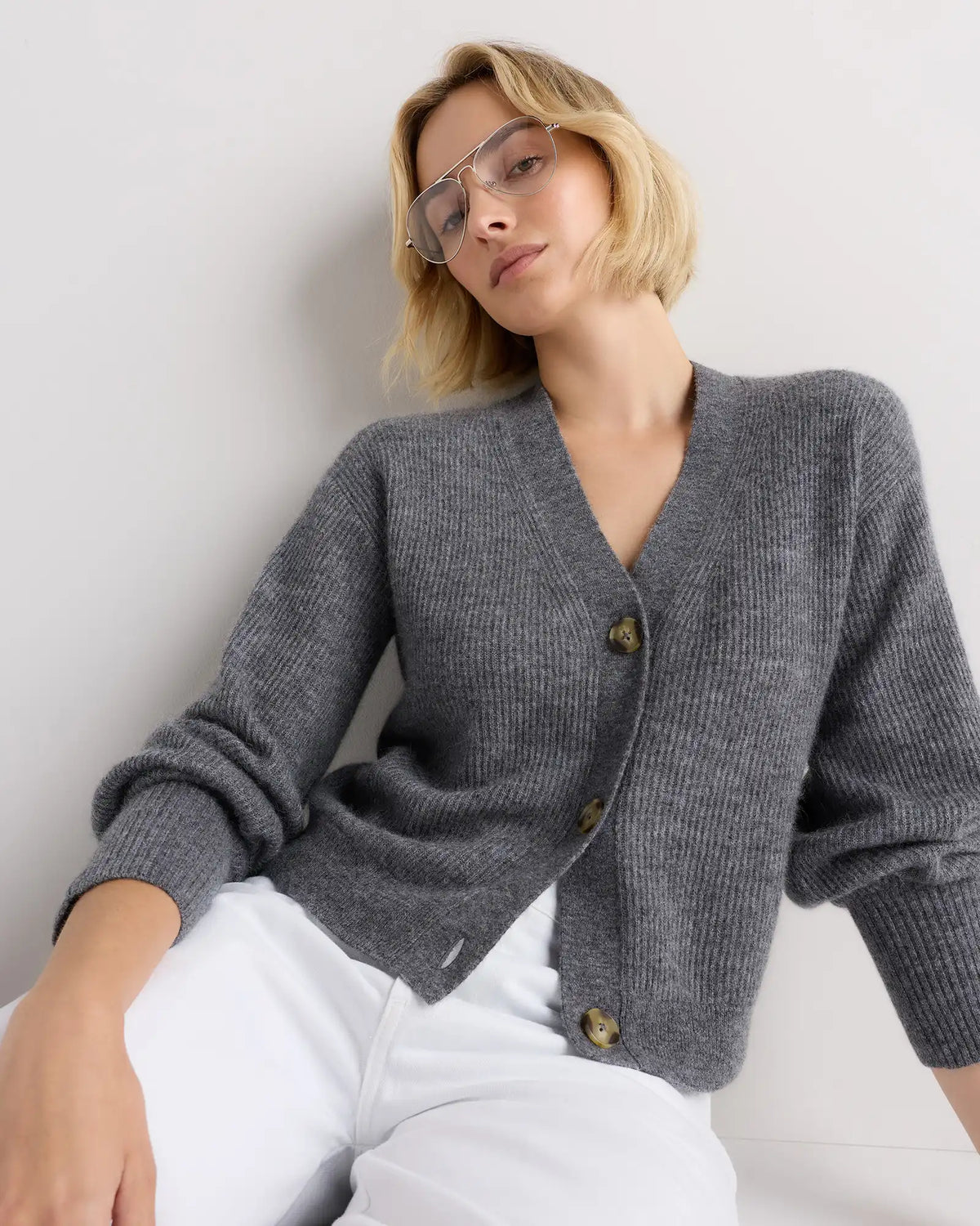 Lightweight Baby Alpaca Cropped V-Neck Cardigan