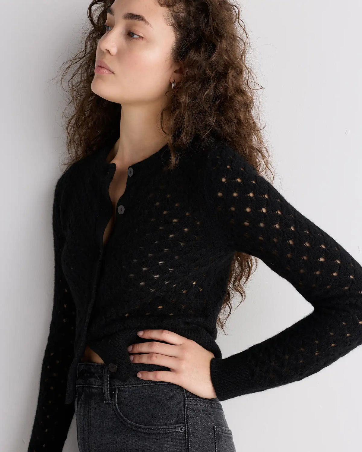 100% Yak Wool Shrunken Pointelle Detail Cardigan