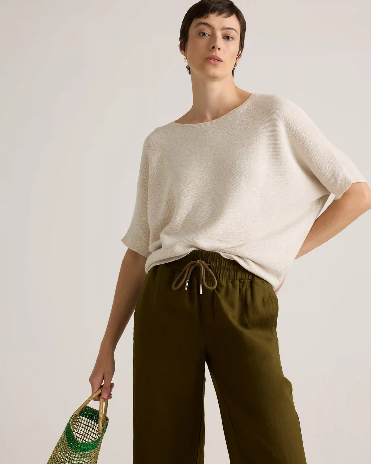Lightweight Cotton Cashmere Link-Stitch Dolman Sweater