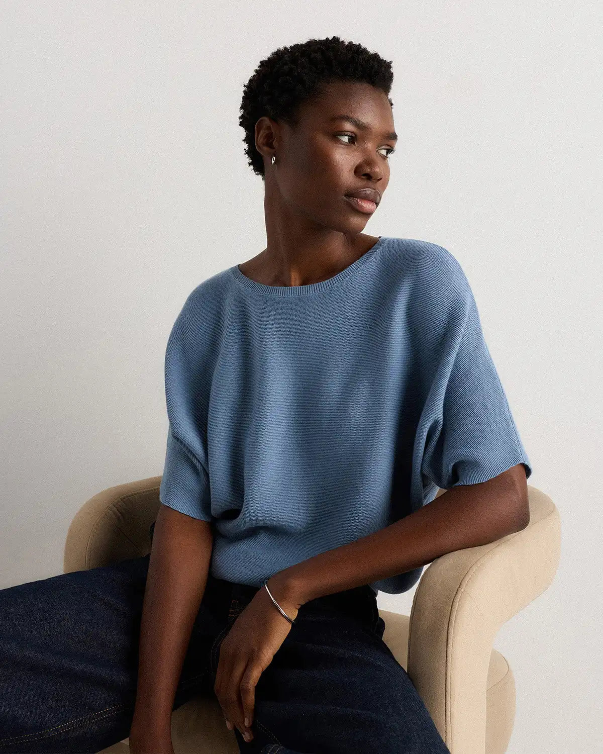 Lightweight Cotton Cashmere Link-Stitch Dolman Sweater