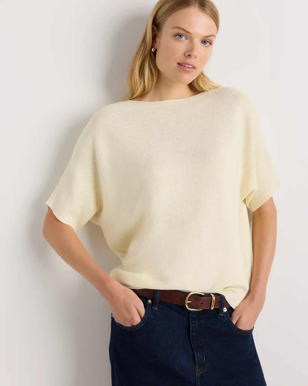 Lightweight Cotton Cashmere Link-Stitch Dolman Sweater