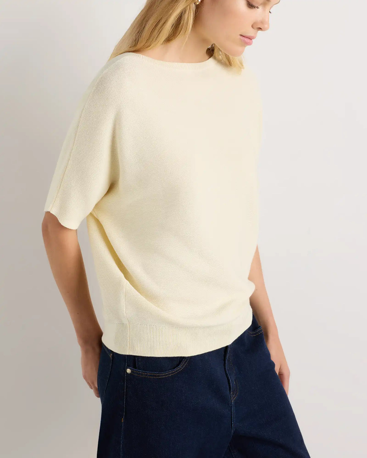 Lightweight Cotton Cashmere Link-Stitch Dolman Sweater