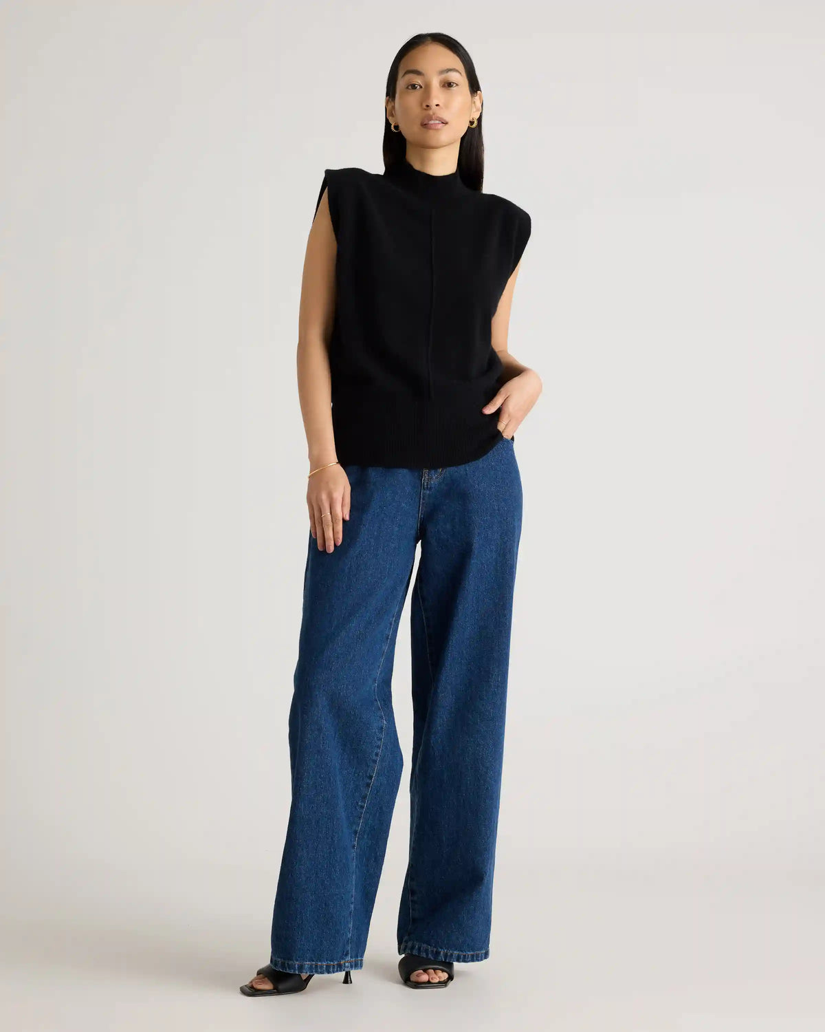 Mongolian Cashmere Padded-Shoulder Sweater Tank