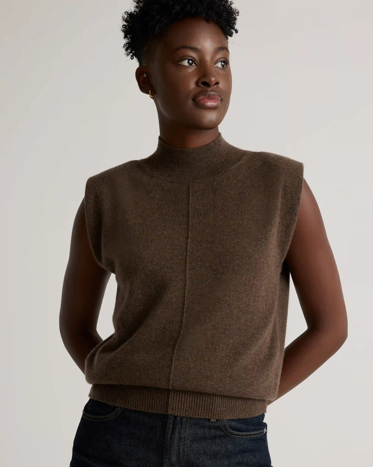 Mongolian Cashmere Padded-Shoulder Sweater Tank