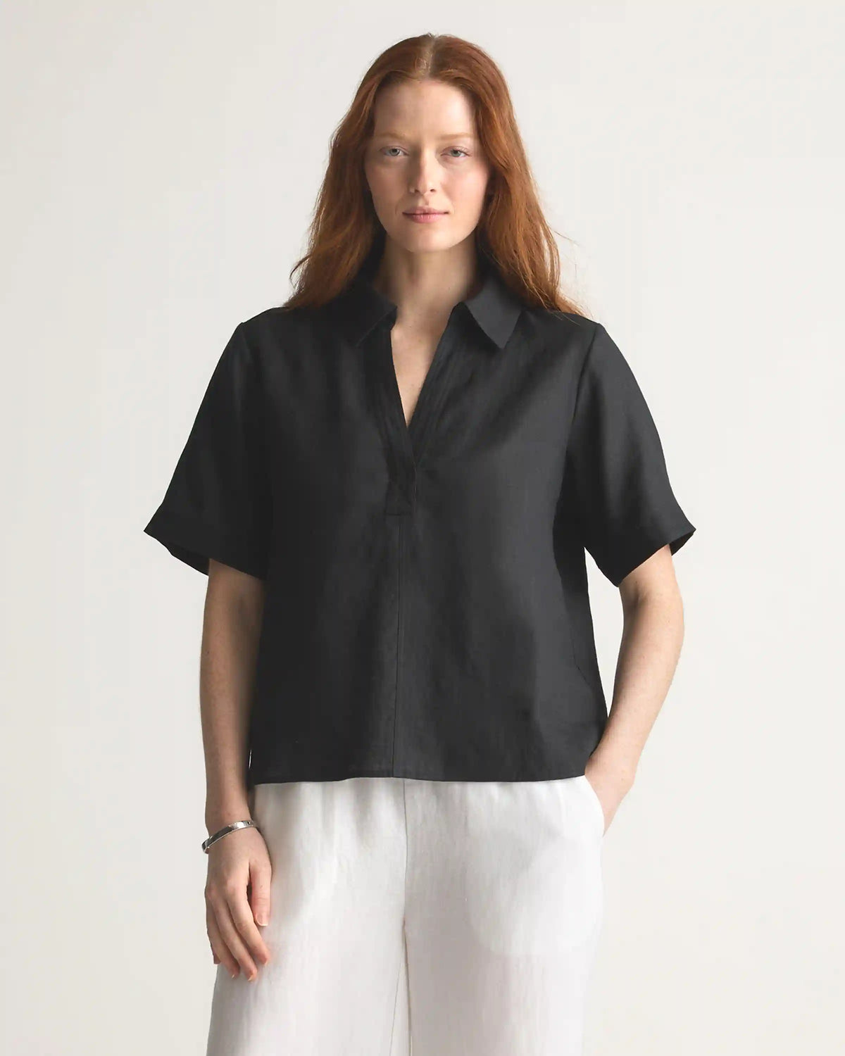 100% European Linen Short Sleeve Popover Top