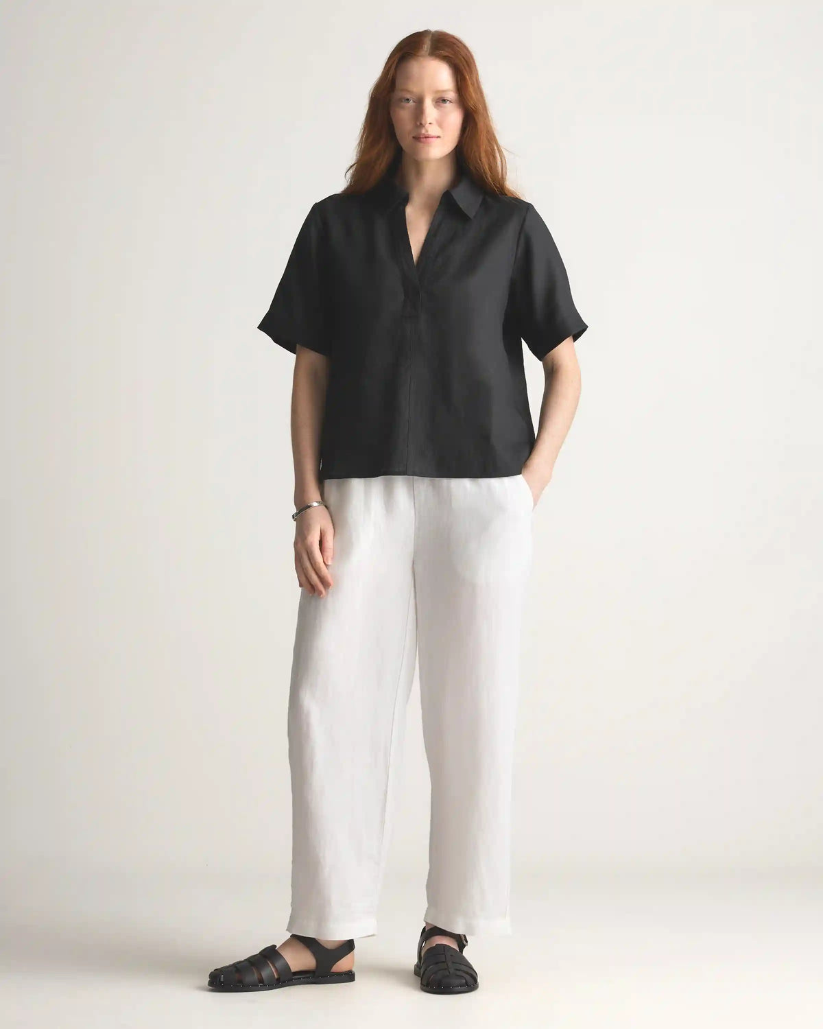 100% European Linen Short Sleeve Popover Top