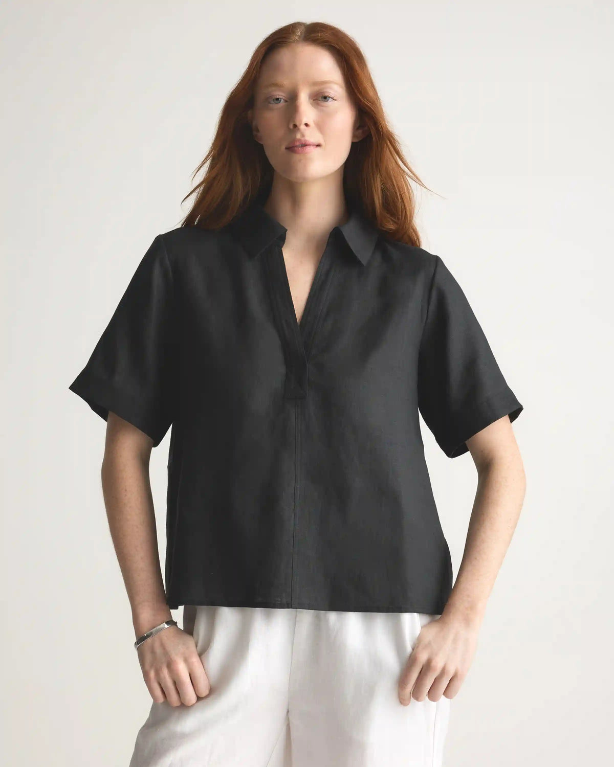 100% European Linen Short Sleeve Popover Top
