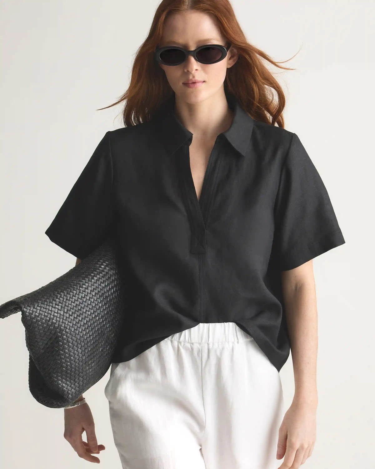 100% European Linen Short Sleeve Popover Top