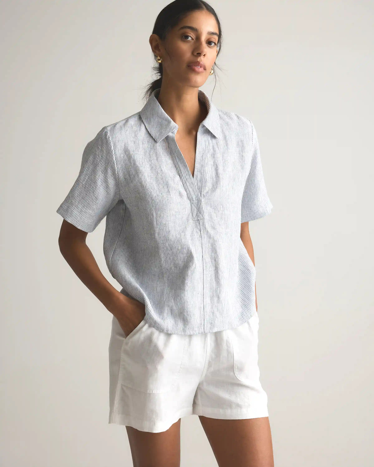 100% European Linen Short Sleeve Popover Top