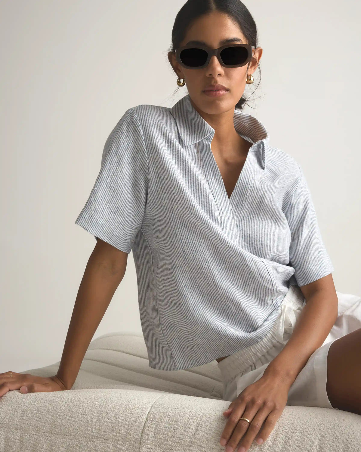 100% European Linen Short Sleeve Popover Top