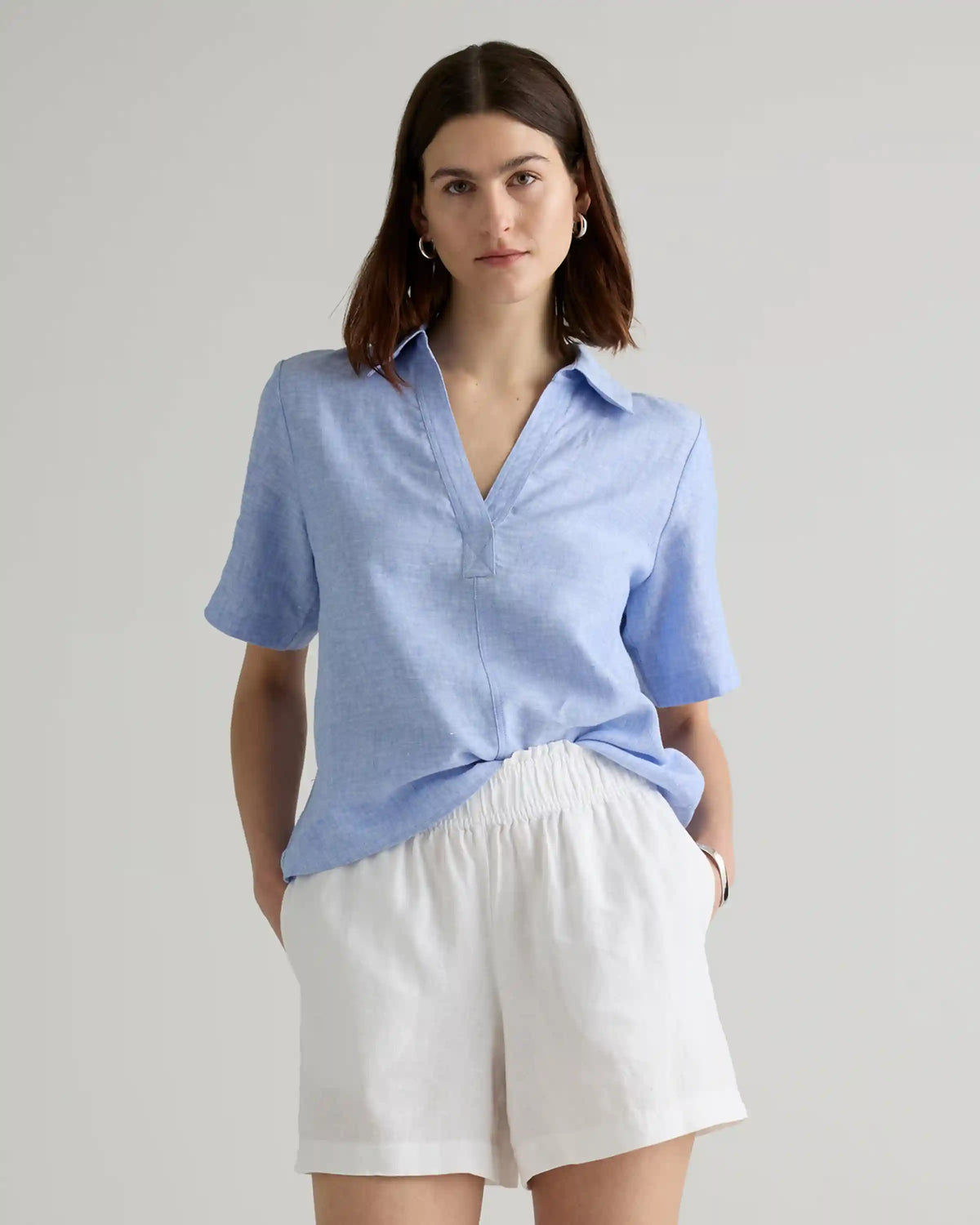 100% European Linen Short Sleeve Popover Top