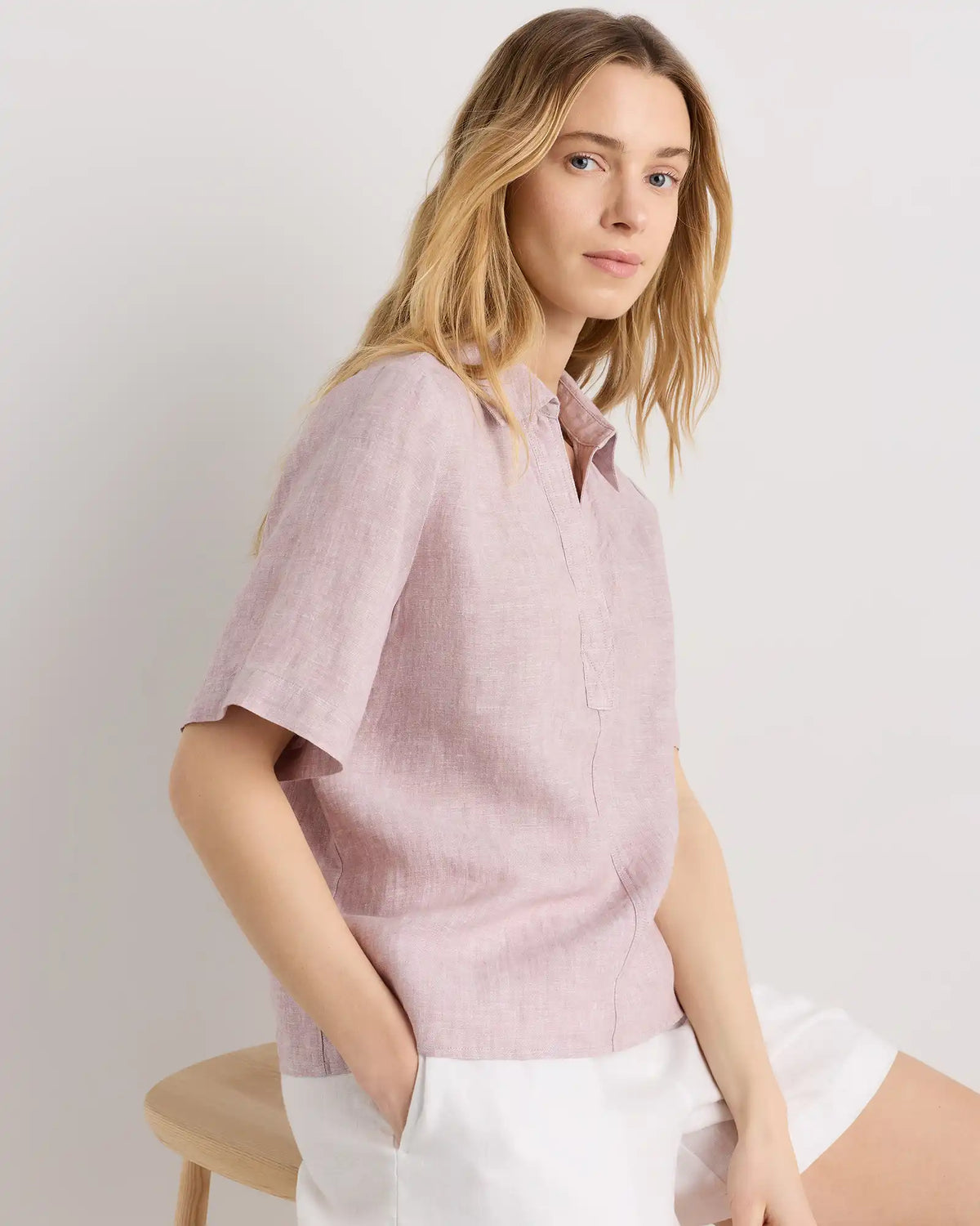 100% European Linen Short Sleeve Popover Top