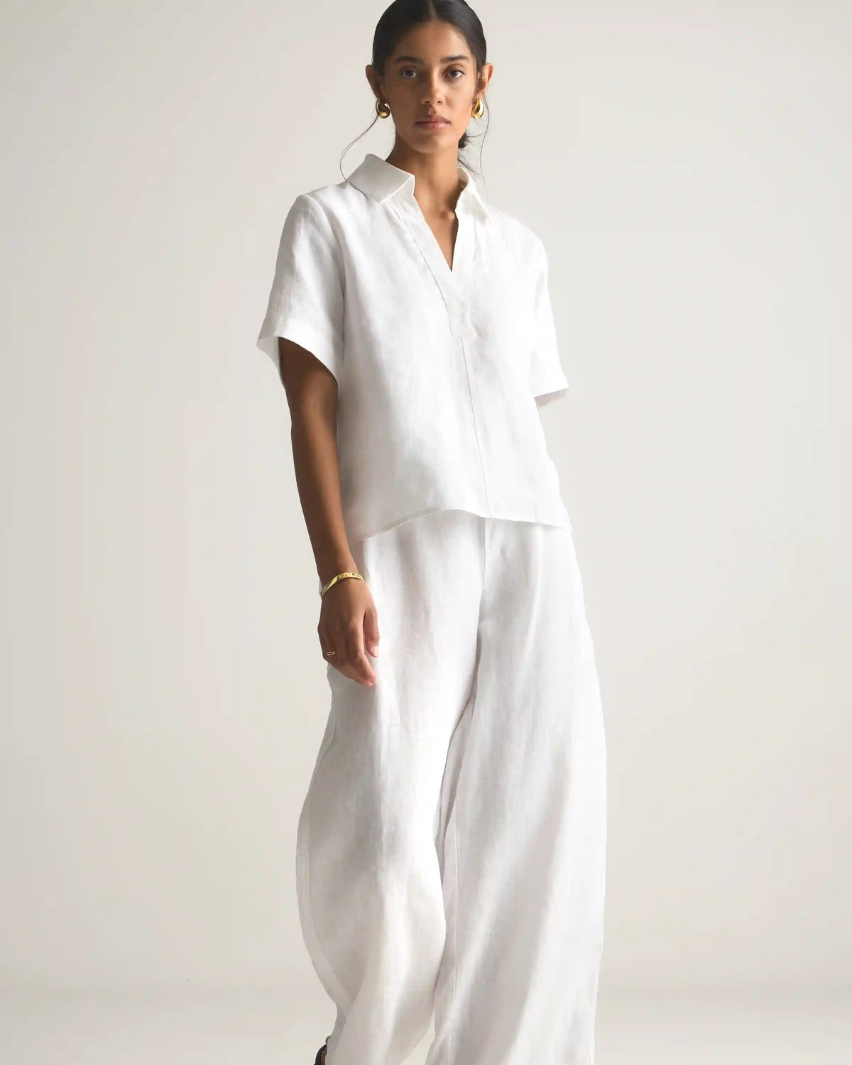 100% European Linen Short Sleeve Popover Top